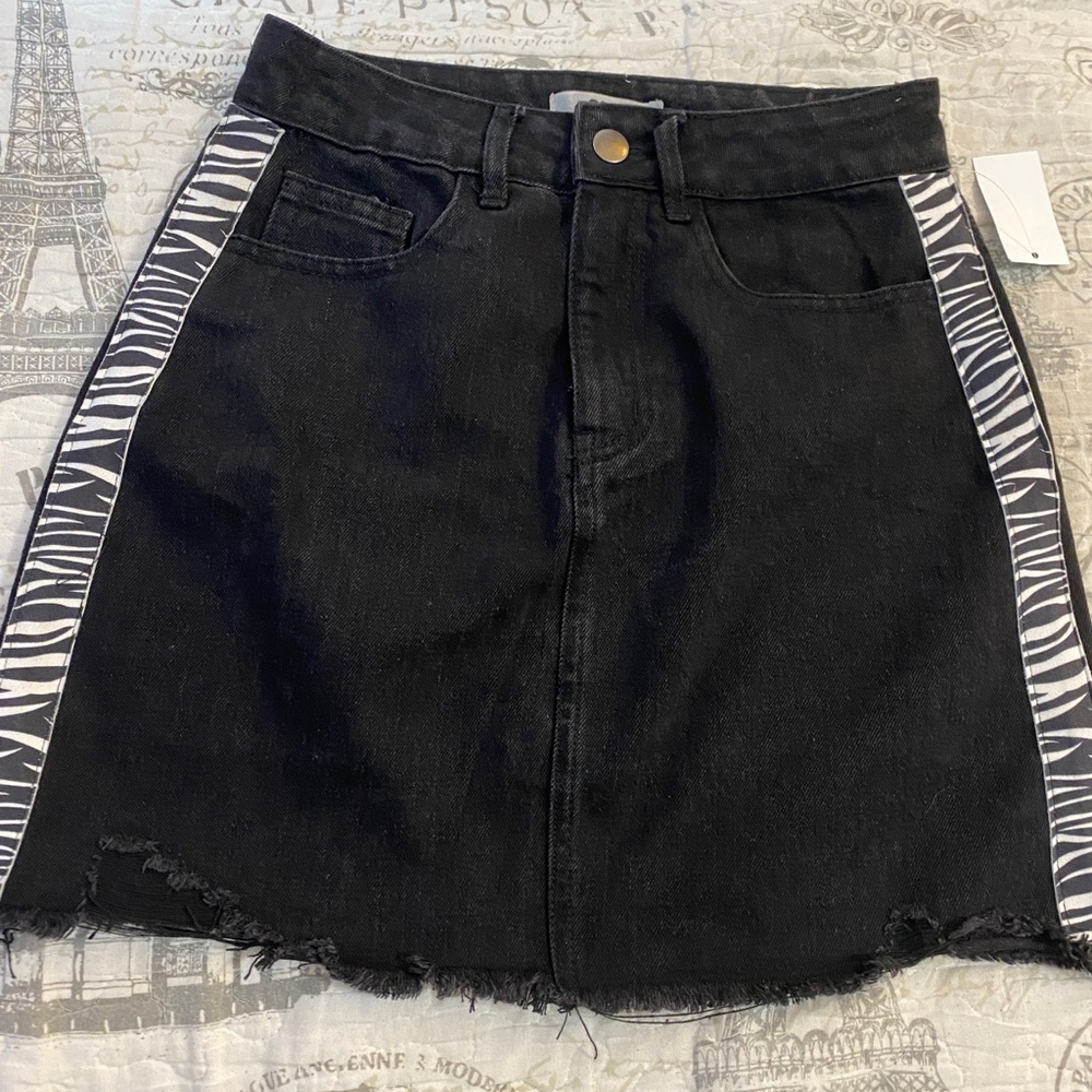 high waisted zebra print denim skirt